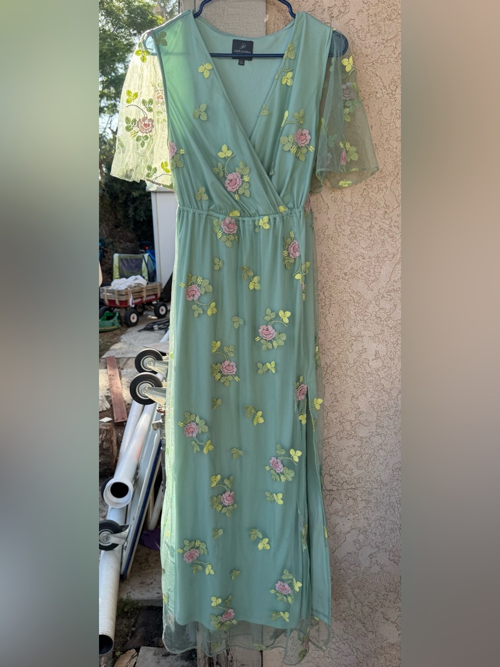 Adrianna Papell Mint Green Maxi Dress with Pink Floral Embroidery
